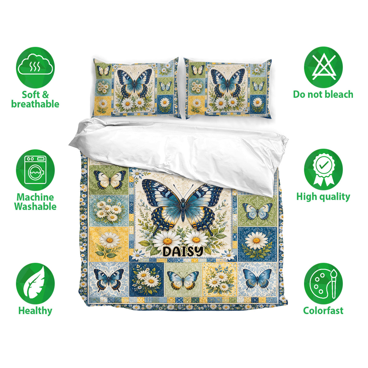 Butterfly bedding set featuring blue butterflies, daisy panels, and a colorful botanical patchwork design