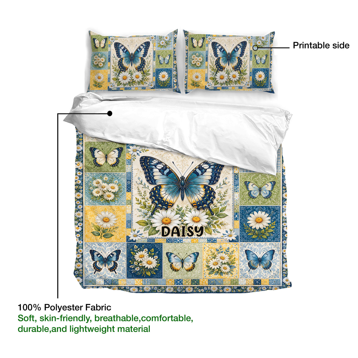 Butterfly duvet cover bedding set displayed with floral panels and a soft breathable fabric detail