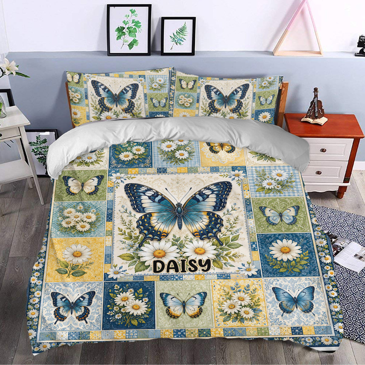 Butterfly duvet cover set styled in a bedroom with blue, green, yellow, and white floral artwork