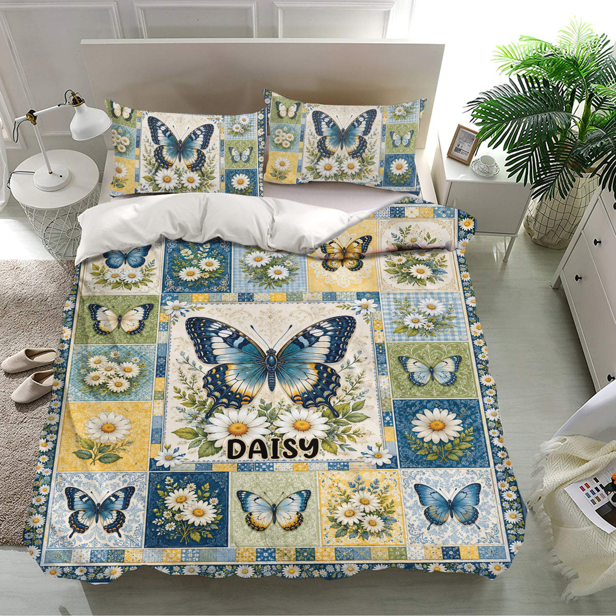 Butterfly bedding set with blue butterfly and daisy artwork arranged in a bright botanical bedroom