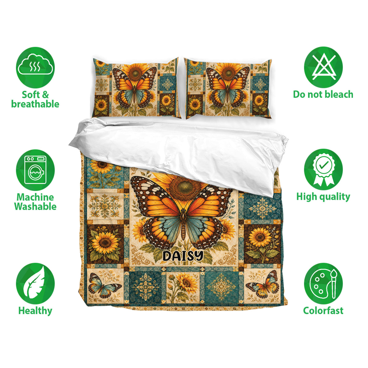 Butterfly and sunflower duvet cover set displayed with matching pillowcases and vibrant botanical artwork