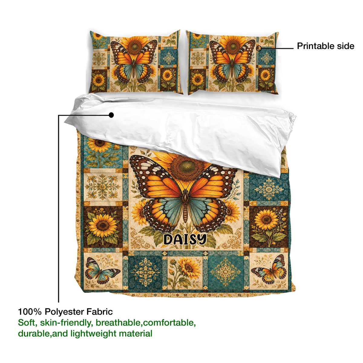 Butterfly duvet cover bedding set detail showing the printable artwork and soft polyester fabric