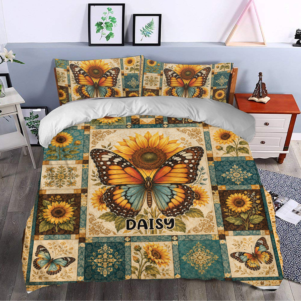 Butterfly and sunflower bedding set styled on a bedroom bed with teal, gold, and orange accents