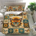 Colorful butterfly duvet cover set with sunflower artwork and matching pillowcases in a modern bedroom