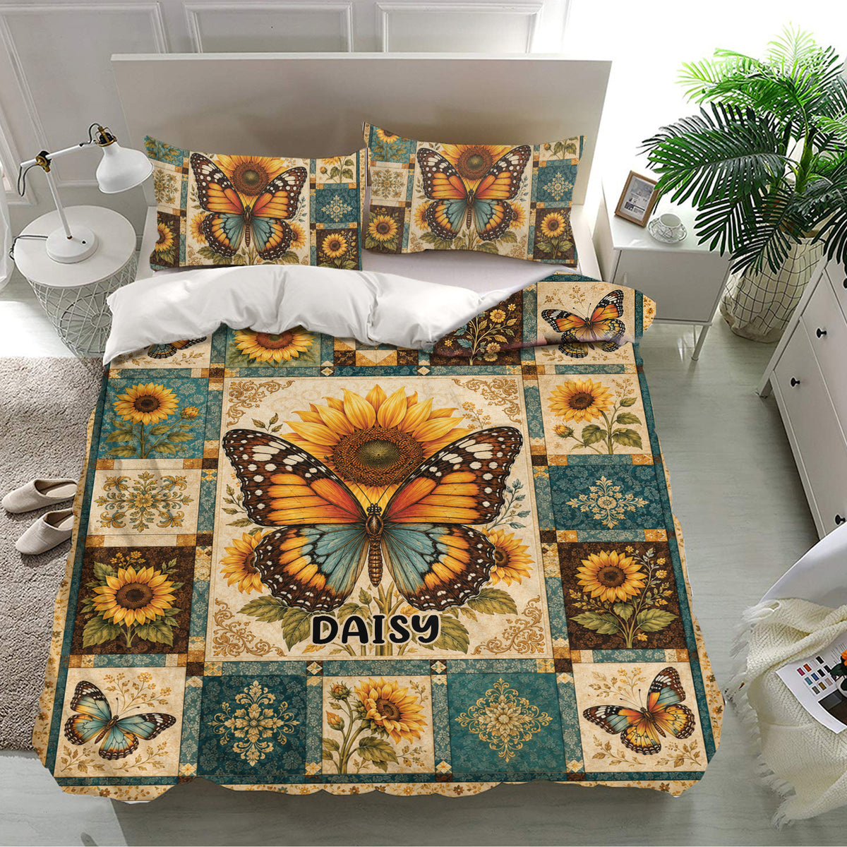 Colorful butterfly duvet cover set with sunflower artwork and matching pillowcases in a modern bedroom