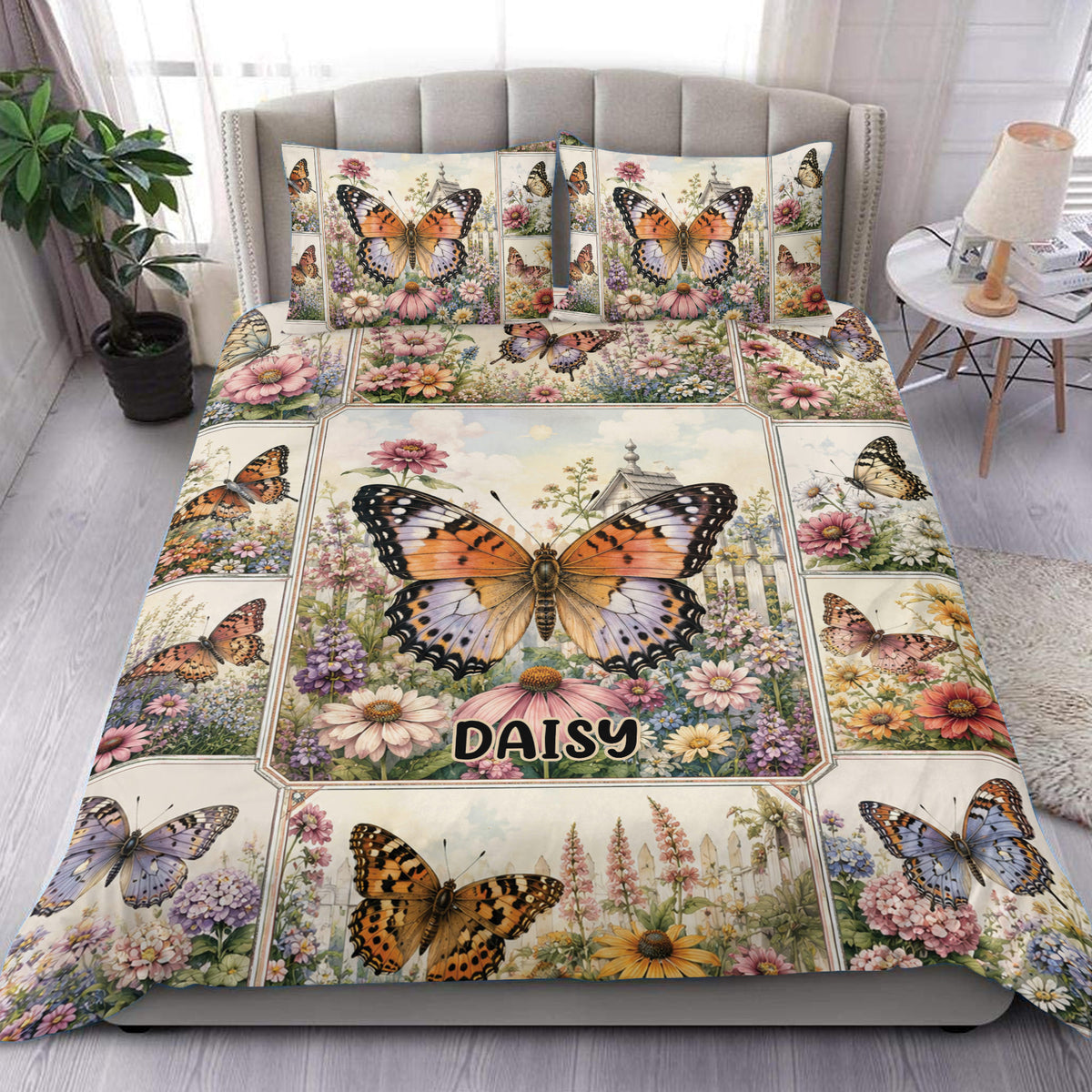 Butterfly duvet cover set displayed on a bed with floral panels and colorful garden artwork