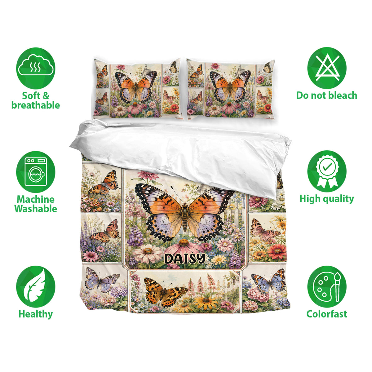 Butterfly bedding set with floral artwork, matching pillowcases, and soft breathable fabric icons
