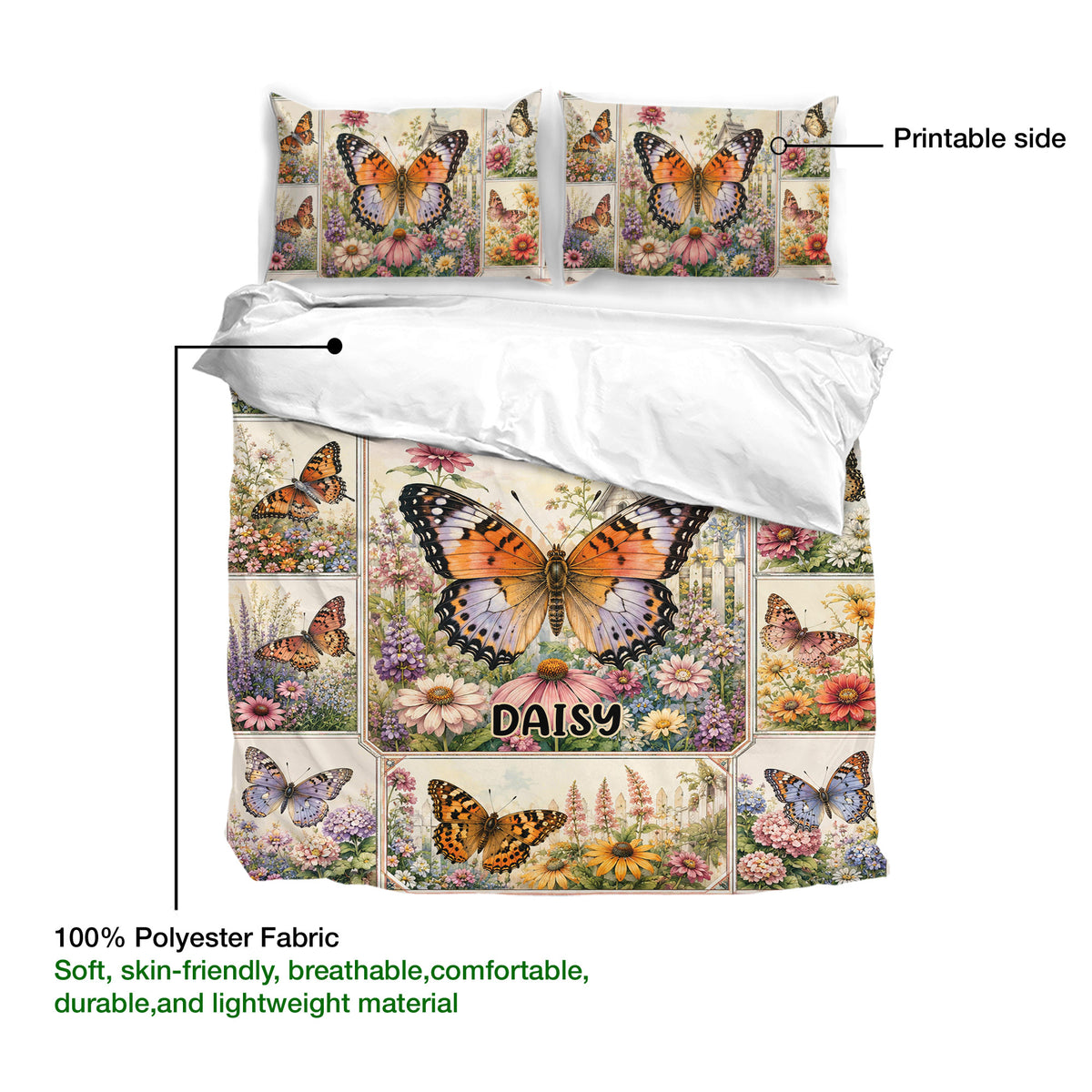 Butterfly duvet cover set showing printed artwork, fabric detail, and a floral garden design