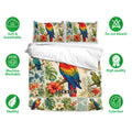 Parrot duvet cover bedding set shown with vibrant tropical artwork, breathable fabric, and matching pillowcases