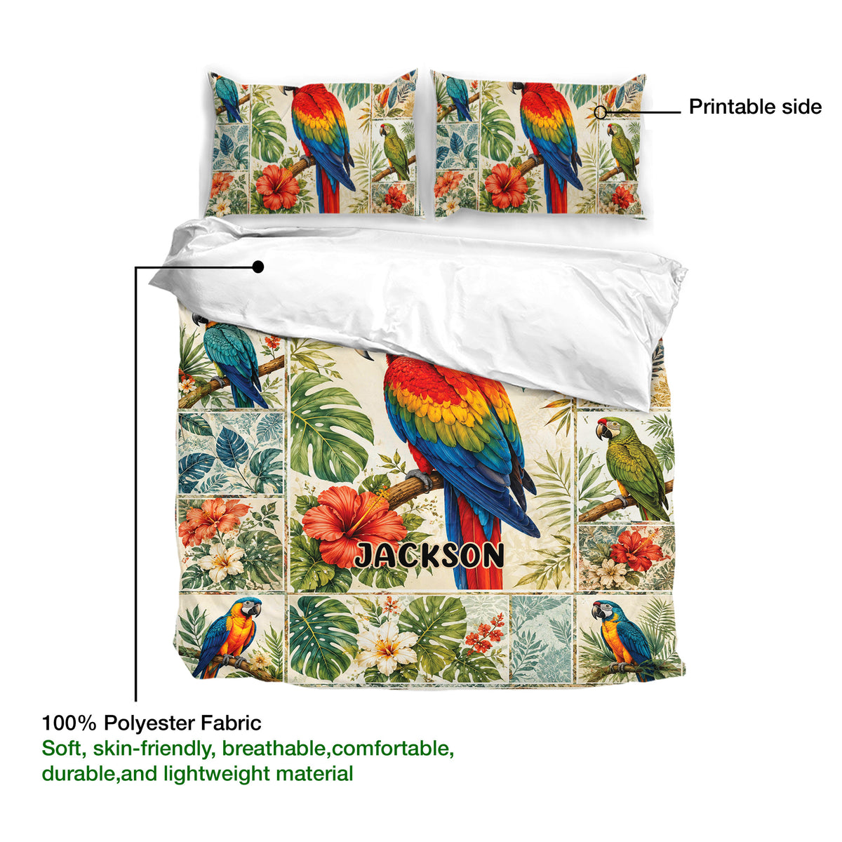Parrot duvet cover set product view showing tropical bird artwork and a soft polyester fabric detail