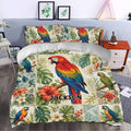 Parrot duvet cover styled in a bedroom with colorful macaws, lush foliage, and tropical floral accents