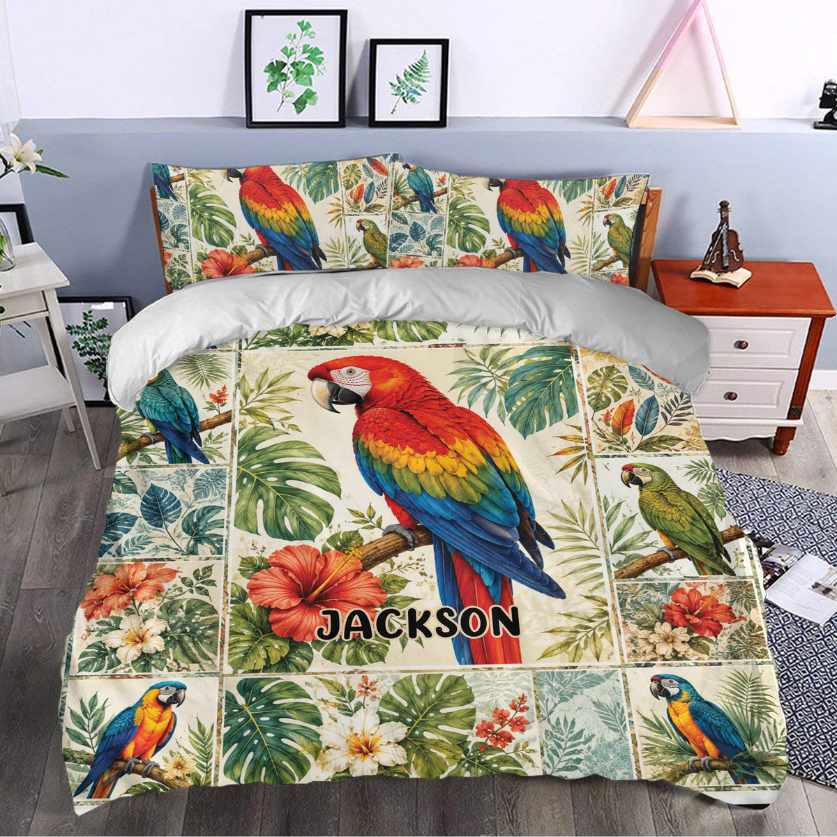 Parrot duvet cover styled in a bedroom with colorful macaws, lush foliage, and tropical floral accents