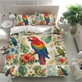 Tropical parrot bedding set presented in a bright bedroom with colorful birds, palm leaves, and floral artwork