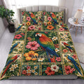 Colorful parrot duvet cover set with tropical flowers and lush greenery styled in a bright bedroom