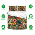 Parrot bedding set displayed with matching pillowcases, tropical floral artwork and soft breathable fabric icons
