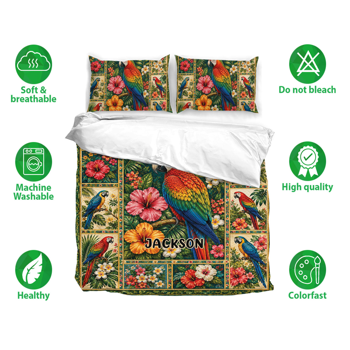 Parrot bedding set displayed with matching pillowcases, tropical floral artwork and soft breathable fabric icons