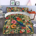 Tropical parrot duvet cover set styled on a bedroom bed with vivid flowers, palms and colorful birds