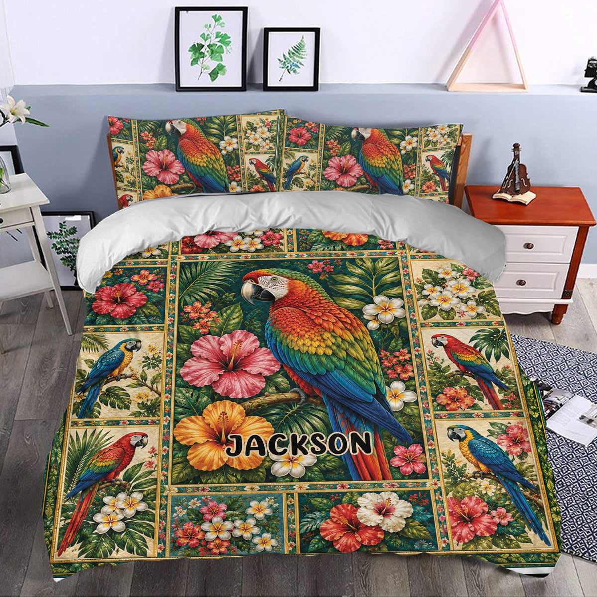 Tropical parrot duvet cover set styled on a bedroom bed with vivid flowers, palms and colorful birds