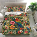 Bright parrot bedding set in a modern bedroom featuring tropical flowers, foliage and colorful bird artwork
