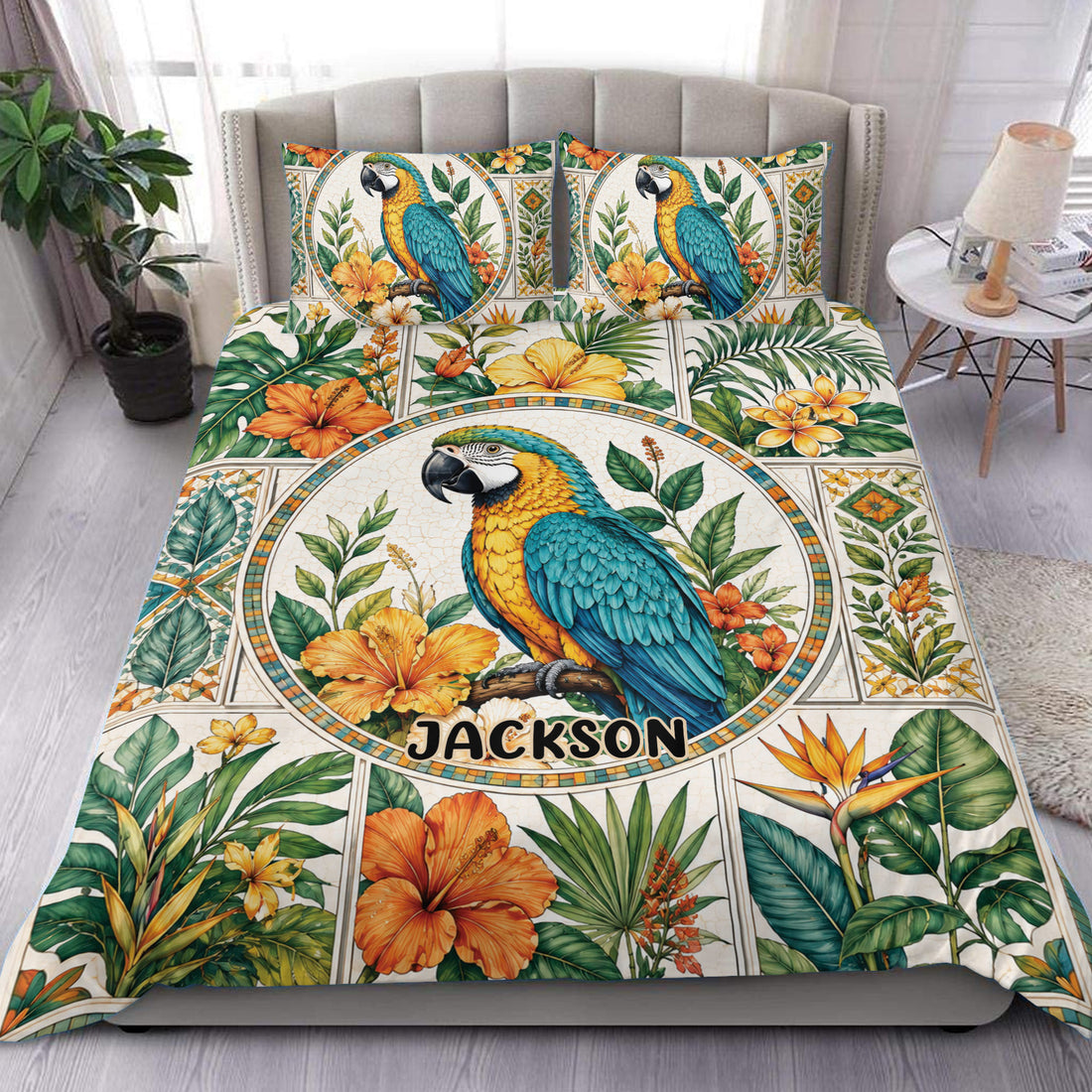 Parrot duvet cover set with colorful tropical flowers and foliage displayed in a bright bedroom