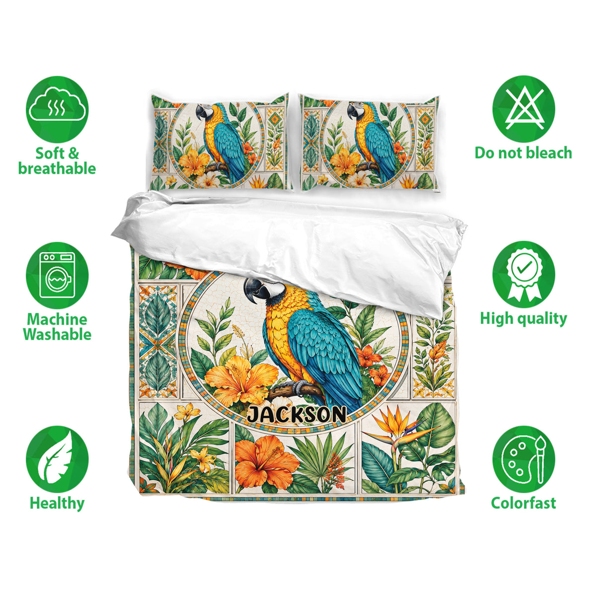Parrot bedding set featuring vivid blue and gold birds, tropical flowers, and leafy botanical details