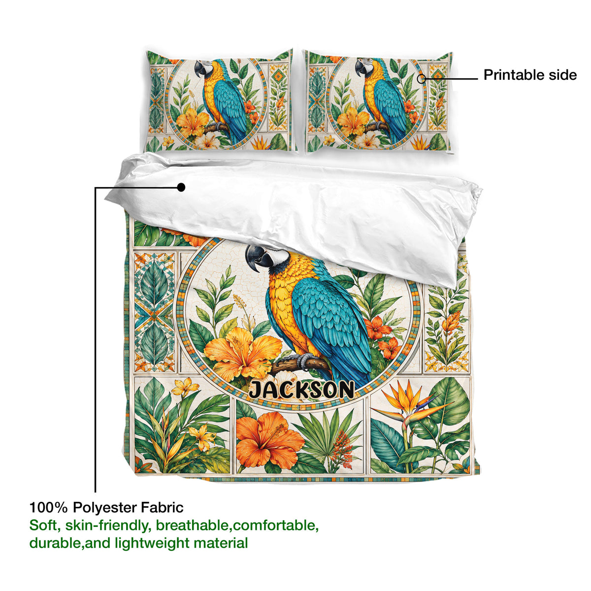 Parrot duvet cover set shown with a printable front, botanical artwork, and soft polyester fabric details
