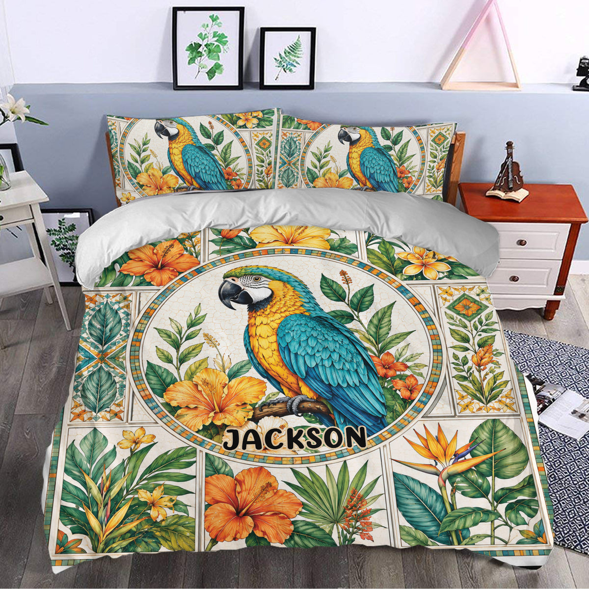 Tropical parrot duvet cover bedding set styled on a bedroom bed with colorful floral artwork