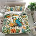Colorful parrot bedding set with botanical panels, tropical flowers, and matching pillowcases