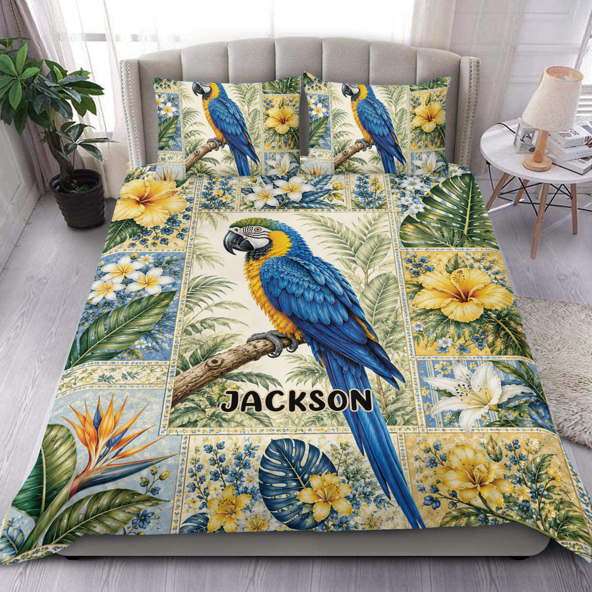 Parrot duvet cover bedding set with blue tropical bird, hibiscus flowers, leafy panels, and bedroom presentation