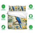 Parrot duvet cover set displayed with matching pillowcases, tropical floral artwork, and soft breathable bedding features