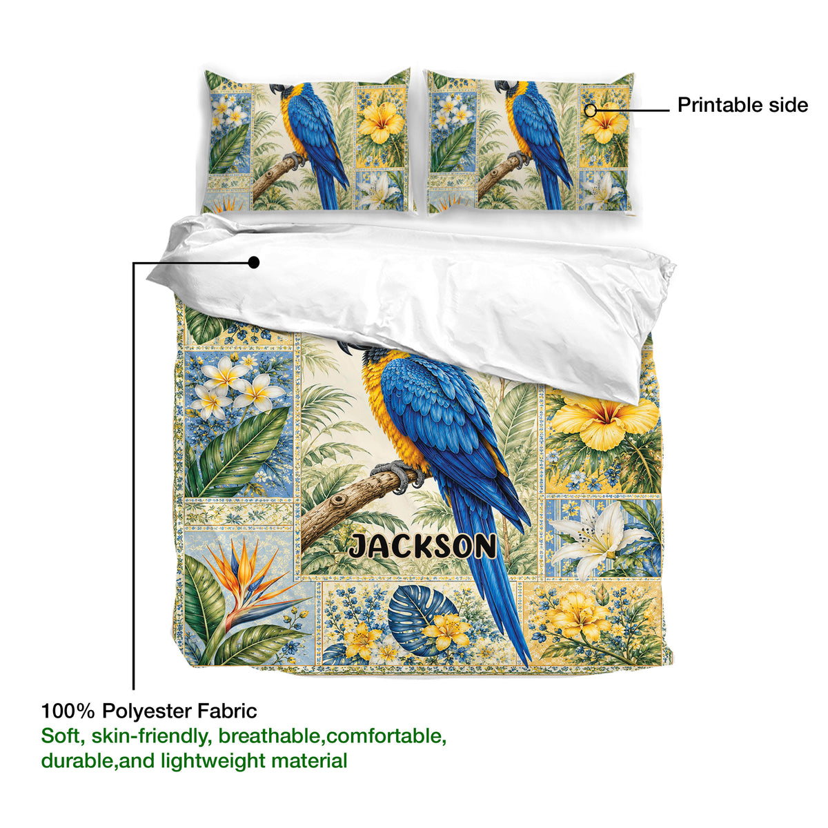 Parrot bedding set detail showing the printed side, blue bird artwork, tropical leaves, and lightweight fabric