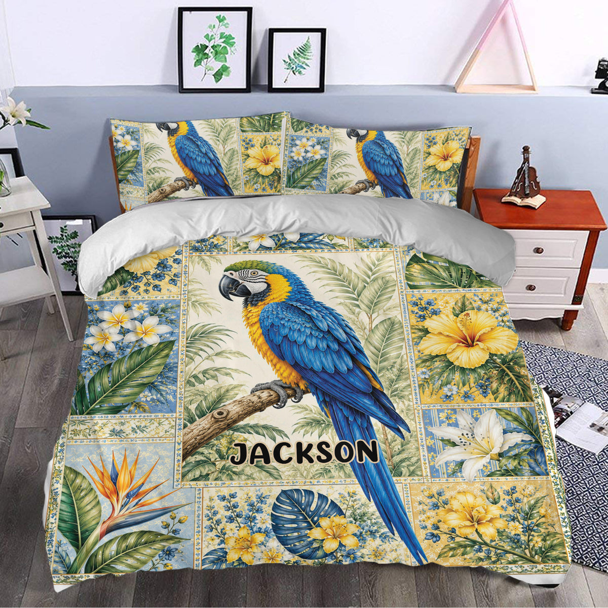 Colorful parrot duvet cover on a bedroom bed with tropical flowers, palm leaves, and vibrant blue and yellow artwork