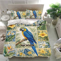 Tropical parrot duvet cover bedding set styled in a bright bedroom with matching pillowcases and botanical details