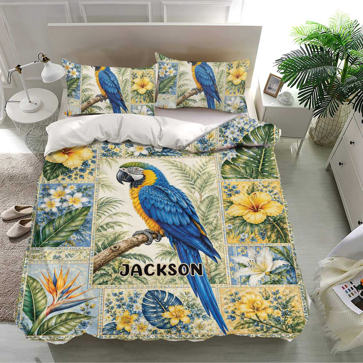 Tropical parrot duvet cover bedding set styled in a bright bedroom with matching pillowcases and botanical details
