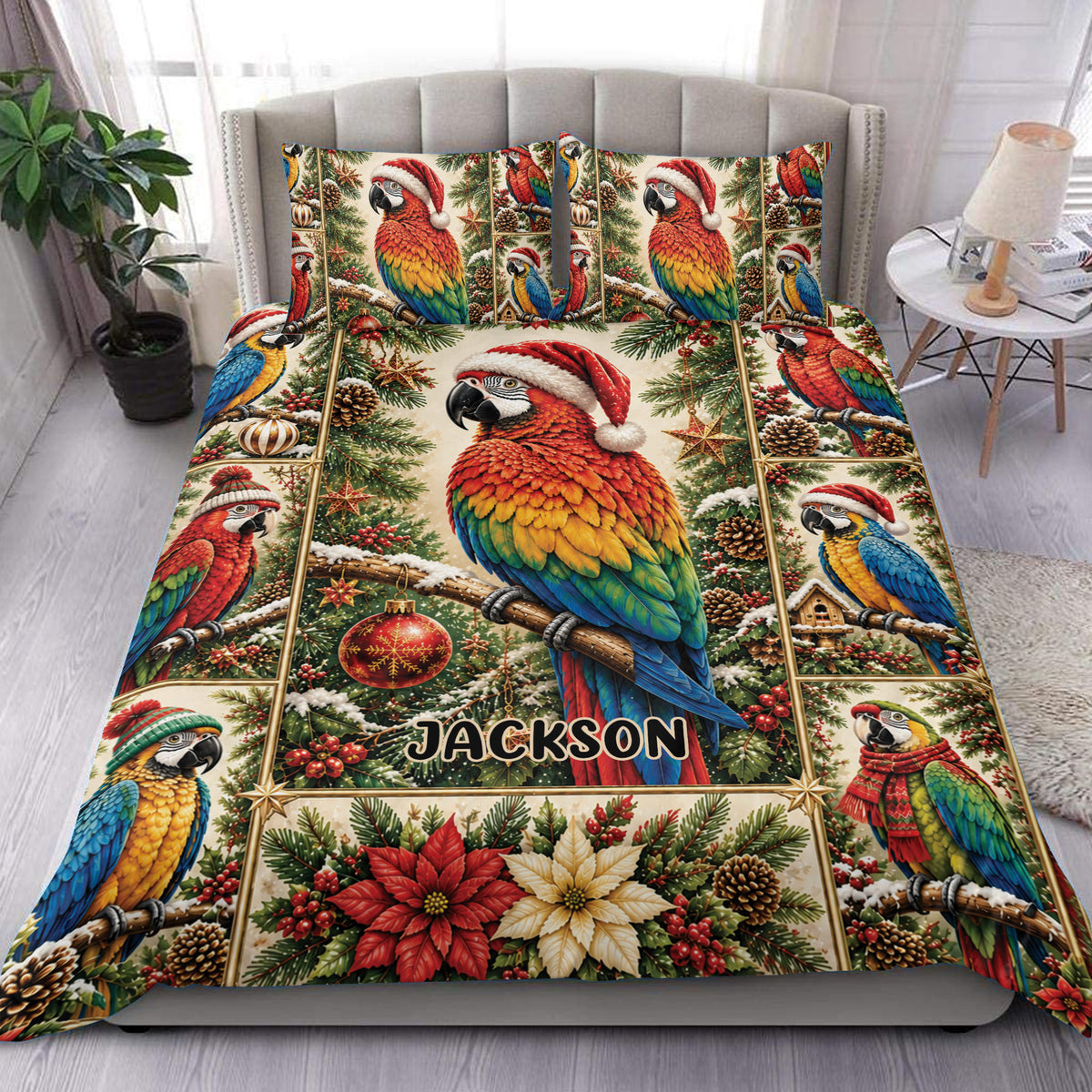 Colorful parrot Christmas duvet cover bedding set displayed on a bedroom bed with matching pillowcases