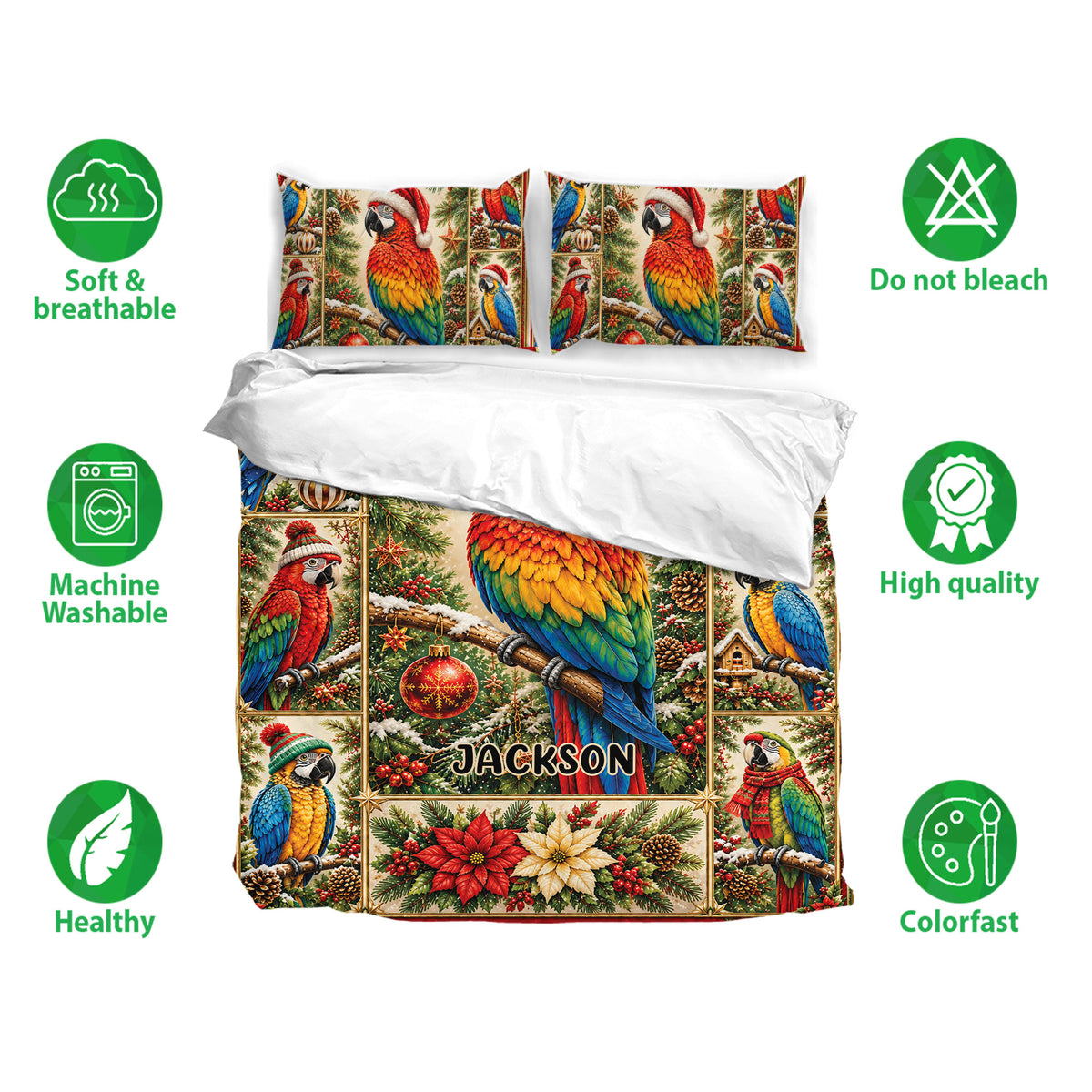 Parrot Christmas duvet cover set with matching pillowcases, soft breathable fabric, and festive bedroom styling