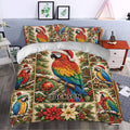 Festive parrot duvet cover set styled in a bedroom with colorful birds, greenery, ornaments, and poinsettias