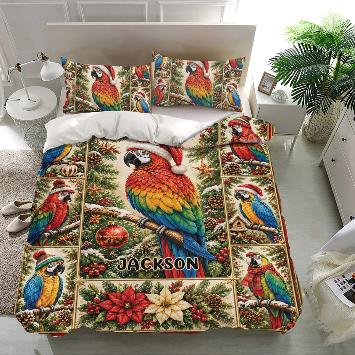Colorful Christmas parrot bedding set displayed in a bright bedroom with matching printed pillowcases