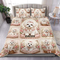 Maltese dog duvet cover set with pink roses, lace accents, and ornate vintage bedroom styling