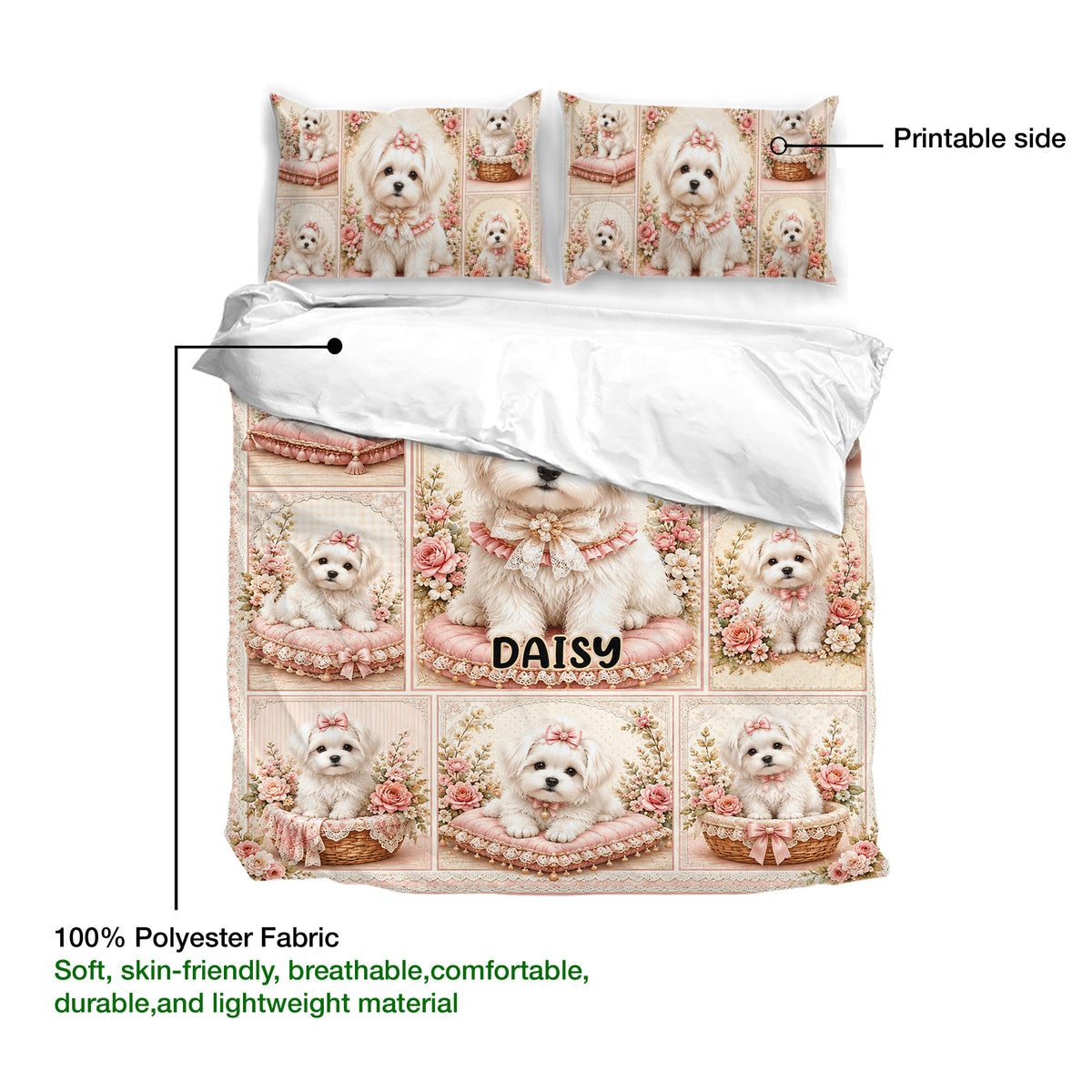 Maltese dog duvet cover set showing the printed side, floral panels, and lightweight polyester fabric