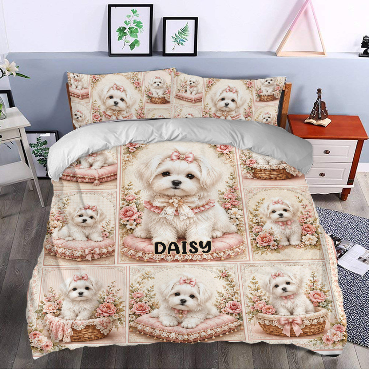 Maltese dog duvet cover styled in a bedroom with pink floral artwork and elegant vintage decor