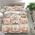 Maltese dog bedding set presented in a bright bedroom with matching floral pillowcases
