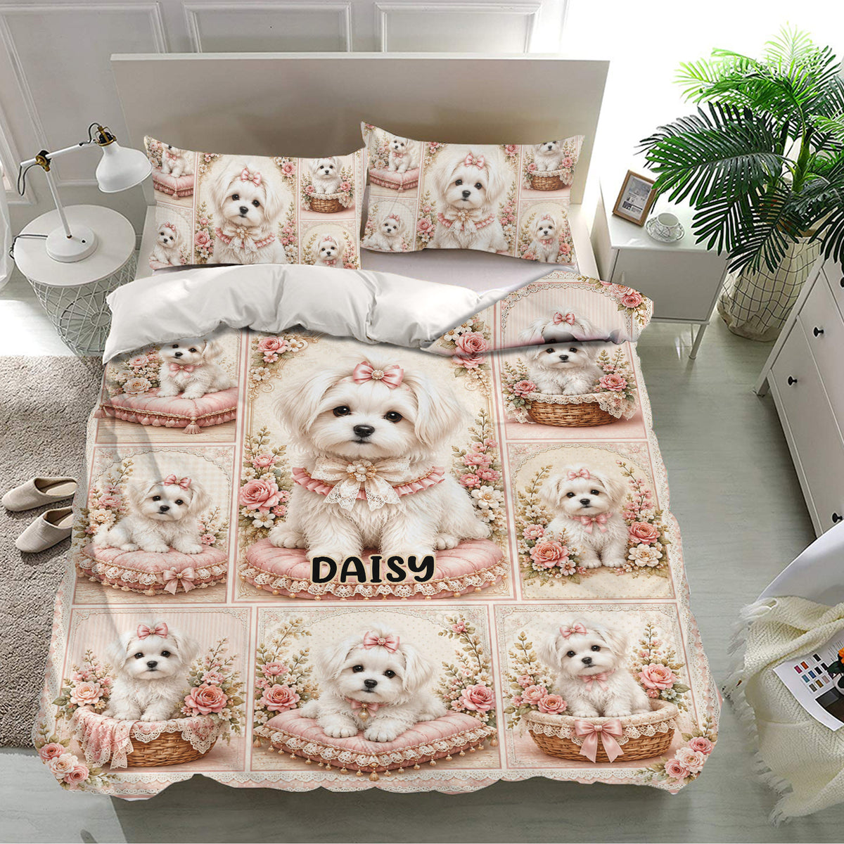 Maltese dog bedding set presented in a bright bedroom with matching floral pillowcases