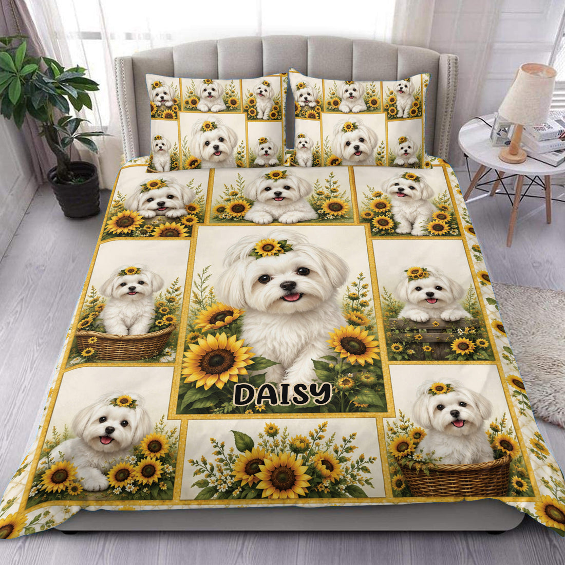 Maltese dog duvet cover set displayed on a bed with sunflower panels and a cheerful custom design