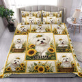 Maltese dog duvet cover set displayed on a bed with sunflower panels and a cheerful custom design