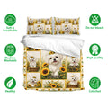 Maltese dog bedding set with sunflower artwork shown with matching pillowcases and breathable fabric details