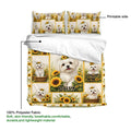 Maltese dog duvet cover set showing the printed side, soft fabric, and sunflower bedroom artwork