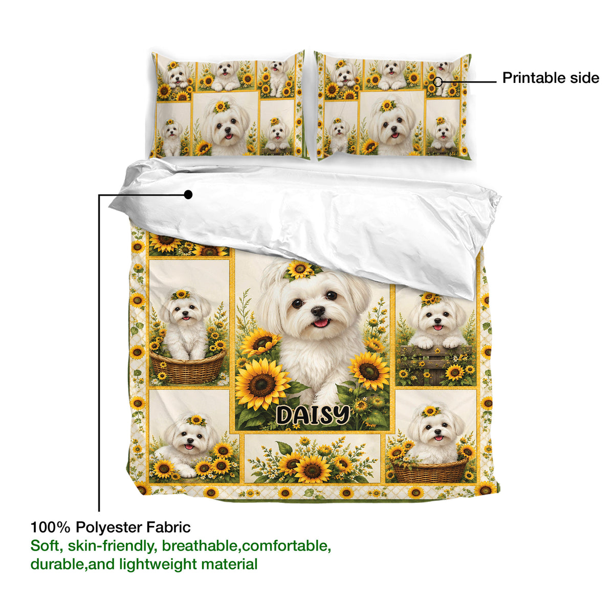 Maltese dog duvet cover set showing the printed side, soft fabric, and sunflower bedroom artwork