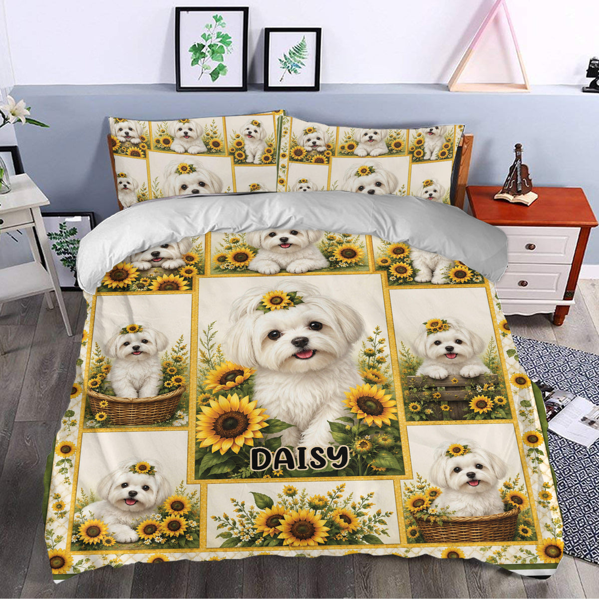 Maltese dog bedding set styled in a bedroom with sunflower accents and a bright farmhouse-inspired look