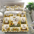 Maltese dog duvet cover and matching pillowcases displayed in a bright bedroom with sunflower artwork